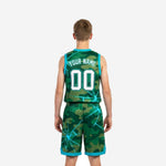 Back view of custom teal and green camo youth basketball uniform set showing player name and back number placement