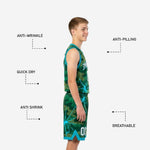 Close detail of teal lightning crack sublimation overlay on green camo youth basketball jersey fabric