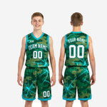 Size and specification chart for custom teal youth basketball uniforms in green camo and teal lightning design