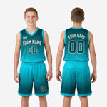 Youth basketball uniform size and specification sheet for custom teal hex gradient jersey and shorts set in full youth size run
