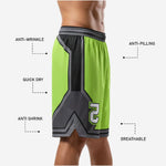 Back view of custom green basketball shorts showing charcoal side panels and multi-stripe hem band