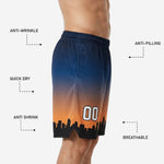 Custom team basketball shorts back view showing navy orange gradient and player number above black skyline hem graphic