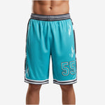 Custom team basketball shorts in teal and black with brush-stroke side panels and large front thigh number, front view