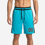 Custom team basketball shorts in teal and black with wide side panel, white pinstripe trim, and sublimated player number on the left thigh - front view