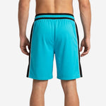 Opposite side view of teal and black custom basketball shorts showing the matching side panel construction and internal drawcord adjustment