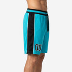 Side view of custom team basketball shorts showing the full-length black side panel with white pinstripe trim and black elastic waistband with drawcord