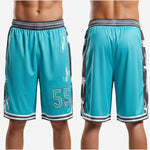 Size and specification chart for custom team basketball shorts in teal and black, youth through adult sizing