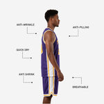 Custom team basketball uniform shorts in Royal Purple with gold stripe hem and matching player number on leg