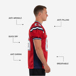Close detail of sublimated V-neck collar on red and navy custom team football jersey showing navy and white stripe binding