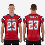 Size and specification sheet for custom team football jerseys showing youth and adult size run measurements