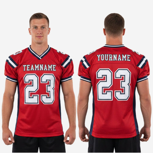 Size and specification sheet for custom team football jerseys showing youth and adult size run measurements