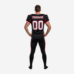Personalized american football uniform black and red opposite side view showing belt area with buckle and full-length black pant