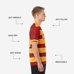 Back view of custom team soccer jersey in maroon and gold stripe showing player name and number sublimation print
