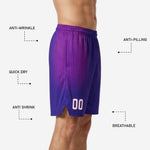 Back view of custom purple tournament basketball shorts showing solid deep-purple hem and sublimated back number placement above the leg split
