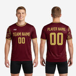 Full body view of custom maroon and athletic gold soccer training jersey for club squads