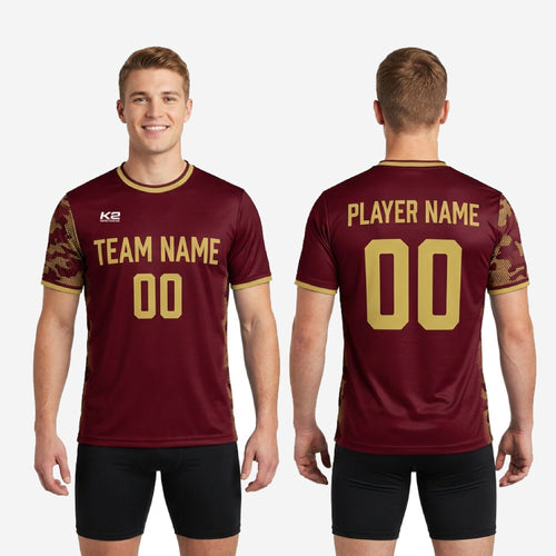 Full body view of custom maroon and athletic gold soccer training jersey for club squads