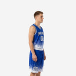 Front view of custom travel basketball uniforms in royal blue and white with arced team name and front number 00