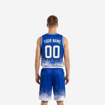 Opposite side view of blue and white custom travel basketball uniform showing V-neck binding and matching shorts waistband