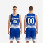 Size and specification sheet for custom travel basketball uniforms in royal blue and white pixel-scatter design
