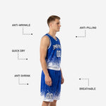 Back view of royal blue and white travel basketball uniform set with player name and number on upper back panel