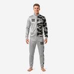 Custom two tone soccer tracksuit in Silver and Urban Camo split design, full zip stand collar jacket and tapered pants, adult male model front view