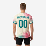 Close detail of teal contrast V-neck collar and sleeve cuff trim on custom two tone soccer training jersey