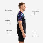 Custom two tone training jersey black and purple lightning print showing full back number and name placement with edge to edge sublimation