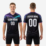 Custom two tone training jersey close-up of V-neck collar with purple contrast trim and lightning graphic across the shoulder zone