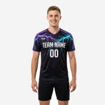 Custom two tone training jersey in jet black with electric cyan and purple lightning sublimation print, team name and number on chest, front view