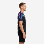 Custom two tone training jersey black and purple lightning design showing short sleeve athletic cut and purple contrast cuff trim, left side view