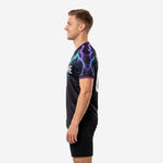 Custom two tone training jersey black and purple lightning sublimation with player name and number on back panel, right side view