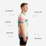 Back view of custom two tone training jersey in cream and teal showing back number and player surname print zones