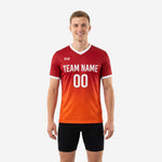 Custom two tone training jersey in Dark Red to Orange gradient with white V-neck trim, team name and number on chest, mens front view
