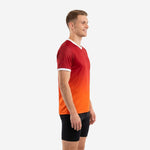 Custom two tone training jersey showing Dark Red to Orange gradient fade from shoulder to hem, white sleeve cuff trim, mens left side view