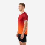 Custom two tone training jersey in Dark Red and Orange gradient with white contrast collar and cuff trim, mens right side view