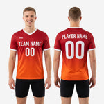 Custom two tone training jersey short sleeve with white sublimated cuff trim on Orange lower body gradient, mens detail view