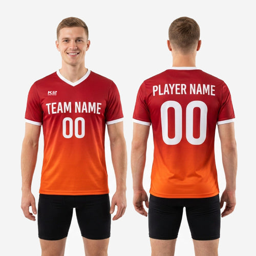 Custom two tone training jersey short sleeve with white sublimated cuff trim on Orange lower body gradient, mens detail view