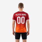 Custom two tone training jersey V-neck collar detail in white trim against Dark Red sublimated fabric, mens close-up