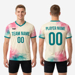 Full body view of custom two tone training jersey cream and teal watercolor sublimation design on male model