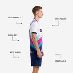 Custom unique soccer uniforms back view showing full-dye sublimation print wrap and player name and number placement