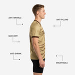 Chocolate brown V-neck collar and sleeve cuff trim detail on custom Vegas Gold mens practice jersey
