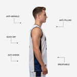 Back view of white basketball jersey with player name and number in navy and gold sublimated print