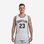 Custom white basketball jerseys with navy side panels and gold trim showing front and back views with team name and number 23