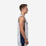 Front view of a custom white basketball jersey with arched team name in navy and gold-outlined number 23 on the chest