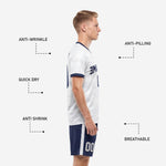 Custom white camo soccer jersey V-neck with navy blue collar trim and sleeve cuff binding, close-up detail