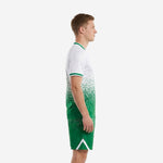 Custom white and green men's soccer team uniform full kit layout showing jersey and matching shorts