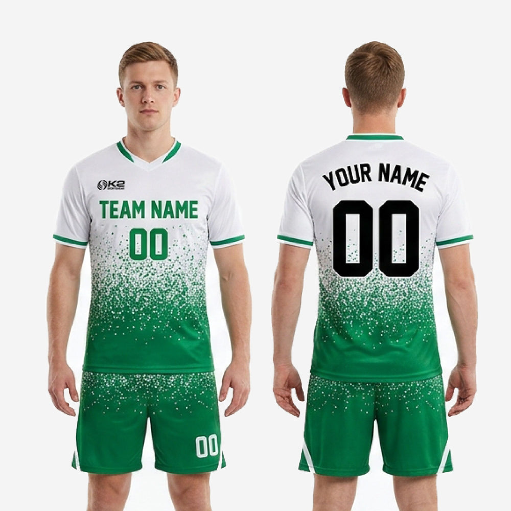 Custom White and Green Soccer Uniform Sets - Jersey and Shorts