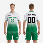 Custom white and green soccer uniform set front view showing V-neck collar and gradient jersey design