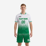 Custom white and Kelly Green soccer shorts with white hem V-panel and dot-burst sublimation detail
