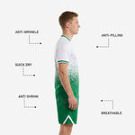 Custom white and Kelly Green soccer uniform set with anti-wrinkle, quick-dry, breathable, and anti-pilling fabric callouts